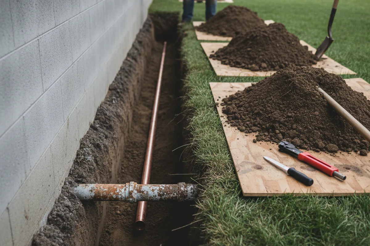 Excavated water line trench during Water Softener Installation in Katy